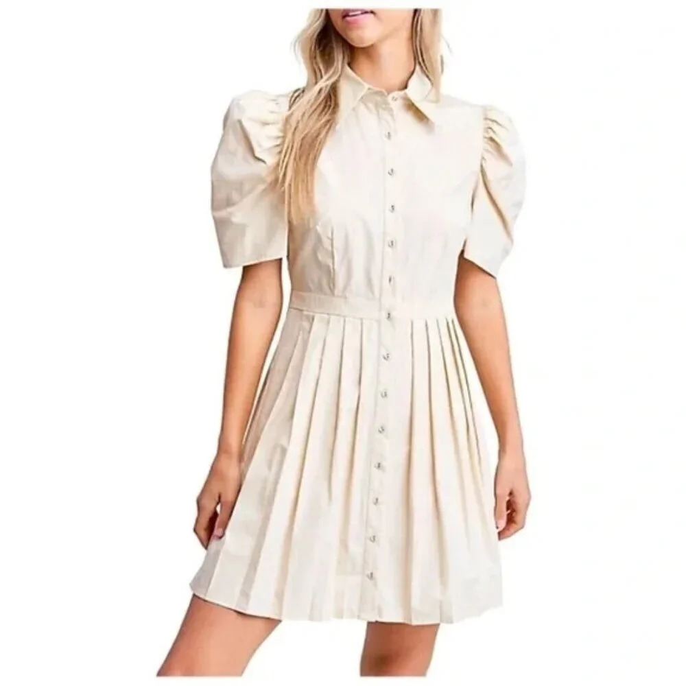 En Saison Pleated Poplin Button Up Mini Dress Nude Cream Size Small
